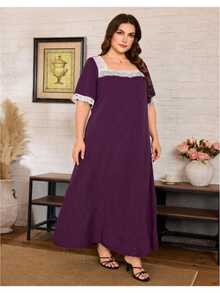 Lacomfia Women's Polka Dot Lace Casual Plus Size Dress - Purple - View 3