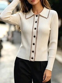 SHEIN 對比縫線彼得潘領羅紋針織開襟衫長袖鈕扣前襟修身毛衣上衣 - 白色 - 查看 5