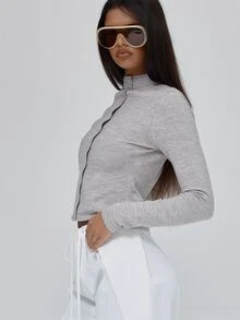 MUSERA Asymmetric Shell Button Detail Front Fitted High Neck Knitted Top Fall Autumn Winter Coolgirl Back To School Blancs - Khaki - View 4