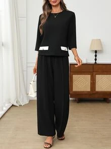 EMERY ROSE Women's Colorblock Round Neck 3/4 Sleeve Top And Long Pants Casual Everyday Set Autumn Clothes For Women Winter Set Elegant Women's Set - Black - View 1