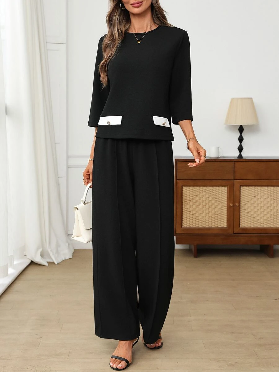 EMERY ROSE Women's Colorblock Round Neck 3/4 Sleeve Top And Long Pants Casual Everyday Set Autumn Clothes For Women Winter Set Elegant Women's Set - Black - View 1