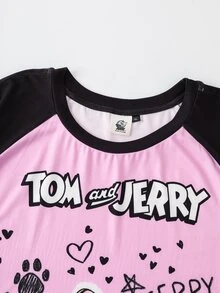 TOM & JERRY X SHEIN 大尺碼卡通印花對比色圓領睡袍 - 粉色 - 查看 3