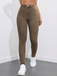 SHEIN ICON 女款休閒日常牛仔褲，附口袋與鈕扣 - 棕色 - 查看 4