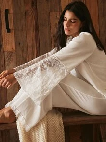 Lullawish Bohemian Round Neck Pullover Lace Flare Women's Pajama Set - White - View 6