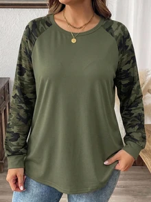Comfylo Autumn/Winter New Teacher's Day Thanksgiving Camouflage Print Plus Size Women's Casual Raglan Sleeve Crew Neck Loose Fit T-Shirt Suitable For Spring/Autumn - Army Green - View 5