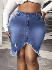 Slaydiva Plus Size Women's Distressed Raw Hem Button Front Blue Denim Stretch Mini Skirt - Medium Wash - View 4