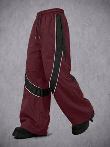 Manfinity Denimwave 男士寬鬆慢跑褲，抽繩腰帶與抽繩褲腳，寬鬆休閒街頭褲 - 酒紅色 - 查看 4
