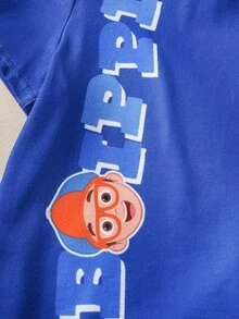 Blippi X SHEIN Young Boy Letter Cartoon Print Short Sleeve T-Shirt And Shorts Set - Blue - View 4