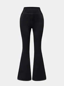 Eassivo Women's Solid Color High Waist Daily Fitness Flare Leggings - Black and White - View 1