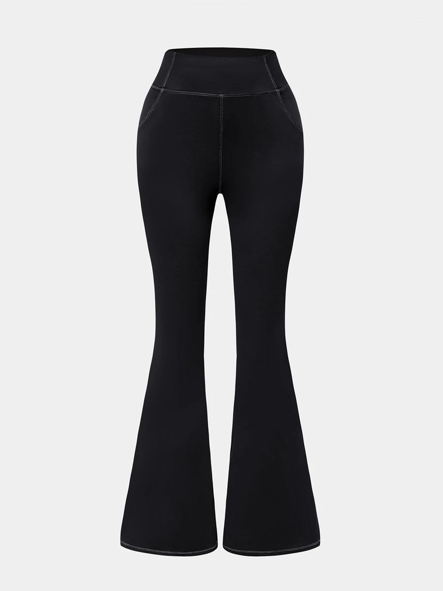Eassivo Women's Solid Color High Waist Daily Fitness Flare Leggings - Black and White - View 1