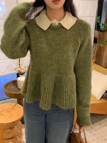 DAZY Women's Turn-Down Collar Long Sleeve Solid Color Sweater, Autumn/Winter - Mist Green - View 1