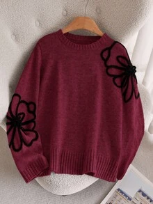 CosyJoli Plus Size Women's Floral Print Casual Elegant Matching Daily Evening Family Formal Wedding Guest Long Sleeve Sweater Black Autumn - Rose Red - View 4