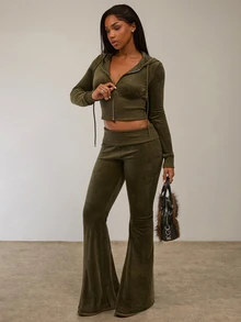 SHEIN BAE Women's Letter Embroidered Fashion Flare Pants - Olive Green - View 5