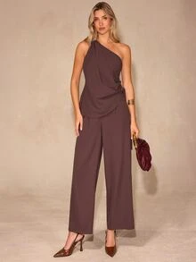Enchnt Women's Solid Color One-Shoulder Top And Long Pants Casual Daily Set - Brown - View 4