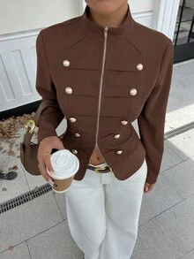 Lavishia 女款新款極簡主義春夏復古立領襯衫上衣，修身拉鍊前開拿破崙/軍裝夾克背心，女款夏季服飾，適合外出、鄉村音樂會穿搭、夏季上衣，適用於通勤、休閒、街頭穿搭 - 咖啡棕 - 查看 7