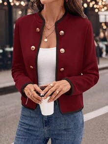 SHEIN Clasi Elegant Chic Black & White Metallic Button Decor Fitted Women Jacket In Fall/Winter - Burgundy - View 4