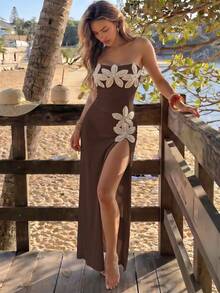 Swim Vcay Spring/Summer Girls Vacation Influencer Solid Color Starfish Design One-Piece Swimsuit With Beach Cover-Up Set - Brown - View 5