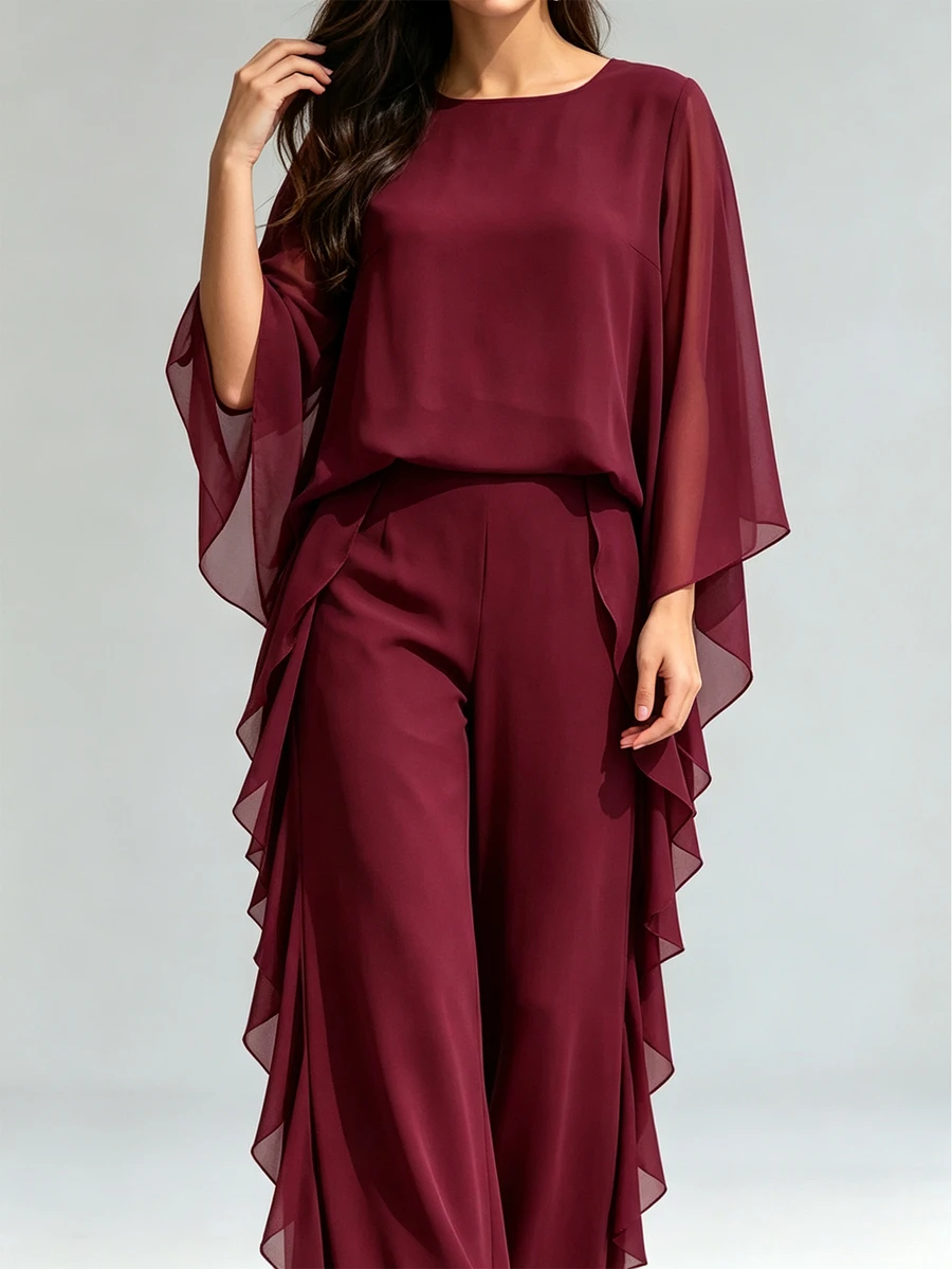 Linhara CURVE Autumn/Winter Cherry Red Luxury Elegant Evening Gown Set, Sophisticated Lady Style, Atmospheric Plus Size 2 Pieces Outfit - Burgundy - View 1