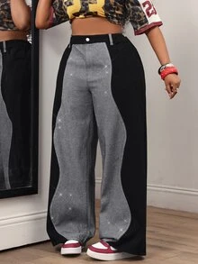 Slaydiva Celana Jeans Lebar dengan Kancing Saku dan Warna Kontras Ukuran Plus, Cocok untuk Liburan, Jalan-jalan, Musim Gugur, Kasual, dan Anti Sosial. - Hitam - View 3