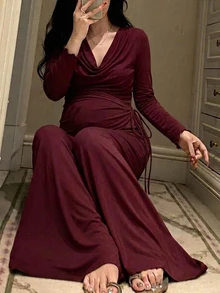 Dazy Maternity Solid Color Elastic Drawstring Tie Cowl Neck T-Shirt & Wide Leg Pants 2 Pieces Set, Elegant Home Wear, Daily, Spring/Autumn, Maternity - Burgundy - View 1