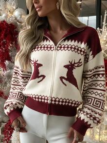 SHEIN Cardigan Rajut Berkerudung dengan Resleting Motif Rusa Natal Musim Gugur/Musim Dingin untuk Wanita, Gaya Geometris Vintage Lengan Panjang - Red and White - View 8