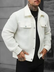 Manfinity CasualCool Men's Patchwork Wool Solid Color Button Long Sleeve Coat, Autumn Clothing, Winter - White - View 5