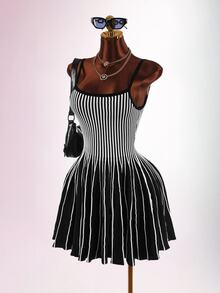 Amplova Women's Striped Low Cut Backless A-Line Knit Dress - Suitable For Street Photography, Parties, Halloween - Black and White - View 3