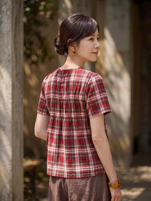 Yumoku 休閒女款夏季格紋短袖襯衫 - 紅色 - 查看 2