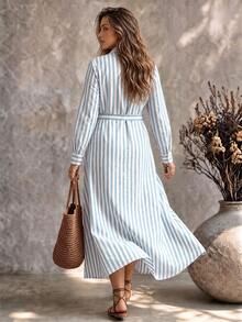 Ceyna Faux Linen Blue & White Striped Tie-Front Collared Midi Shirt Dress - Blue - View 2
