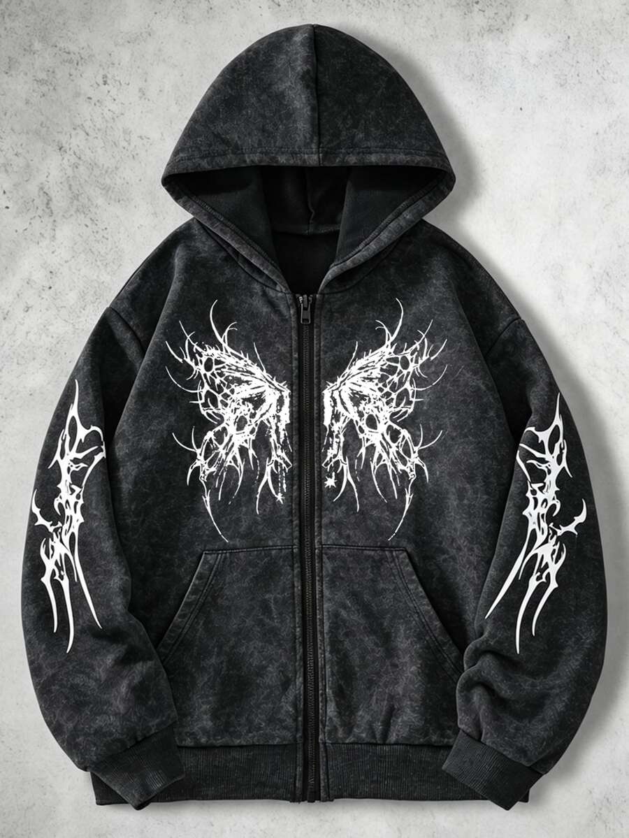 SHEIN 1件青少年男孩圖案印花開襟雪洗衛衣,舒適新穎面料,適合運動穿搭與多季節穿著 - 黑色 - 查看 1