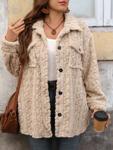 EMERY ROSE Plus Size Women's Fall Casual Fleece Solid Color Cable Pattern Jacket, Autumn/Winter,Button-Up Jacket With Pocket,Winter Coat,Warm,Going Out Outfits - Apricot - View 5