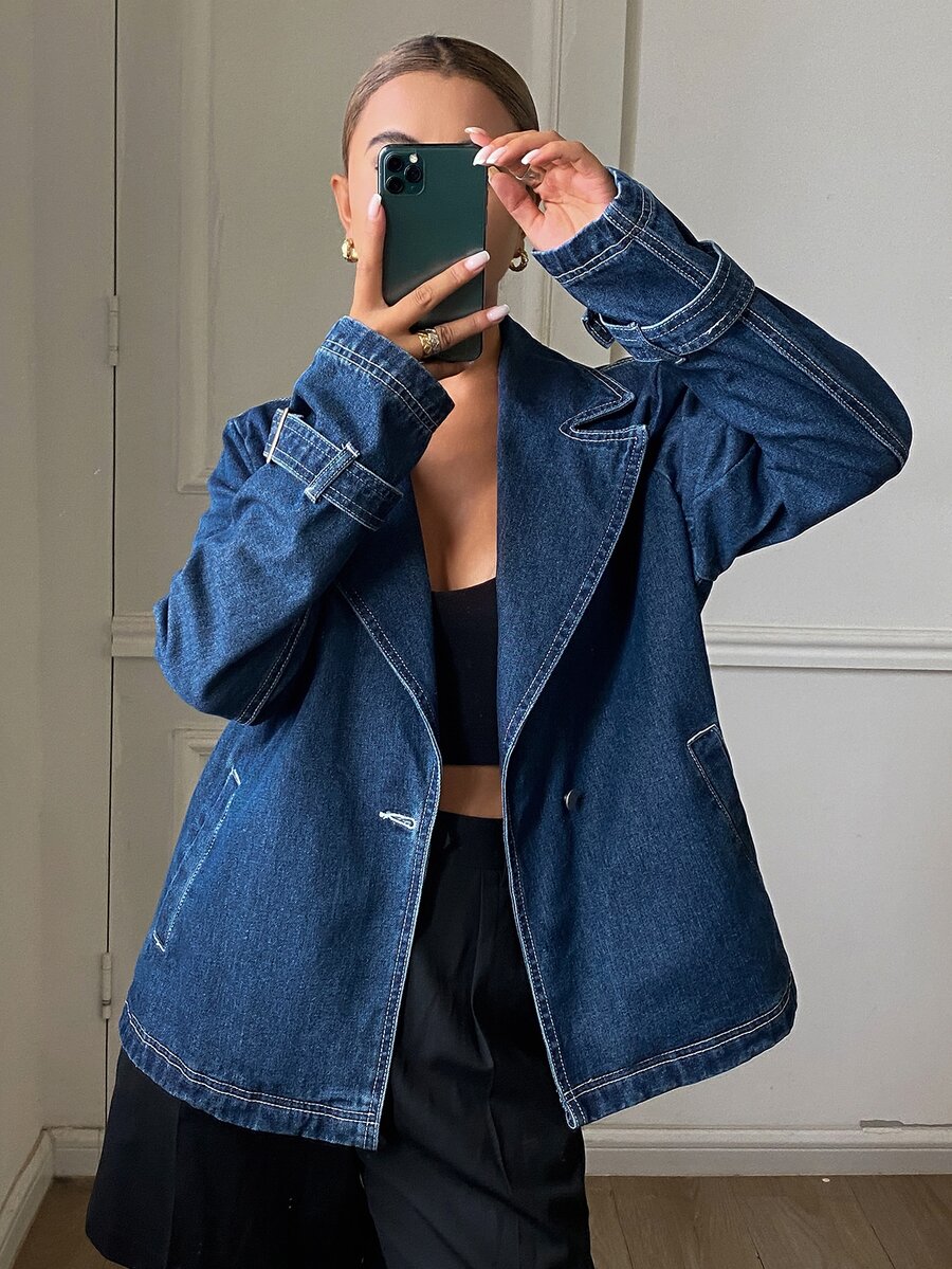 DAZY Women's Blazer Style Casual Denim Jacket - Medium Wash - View 1