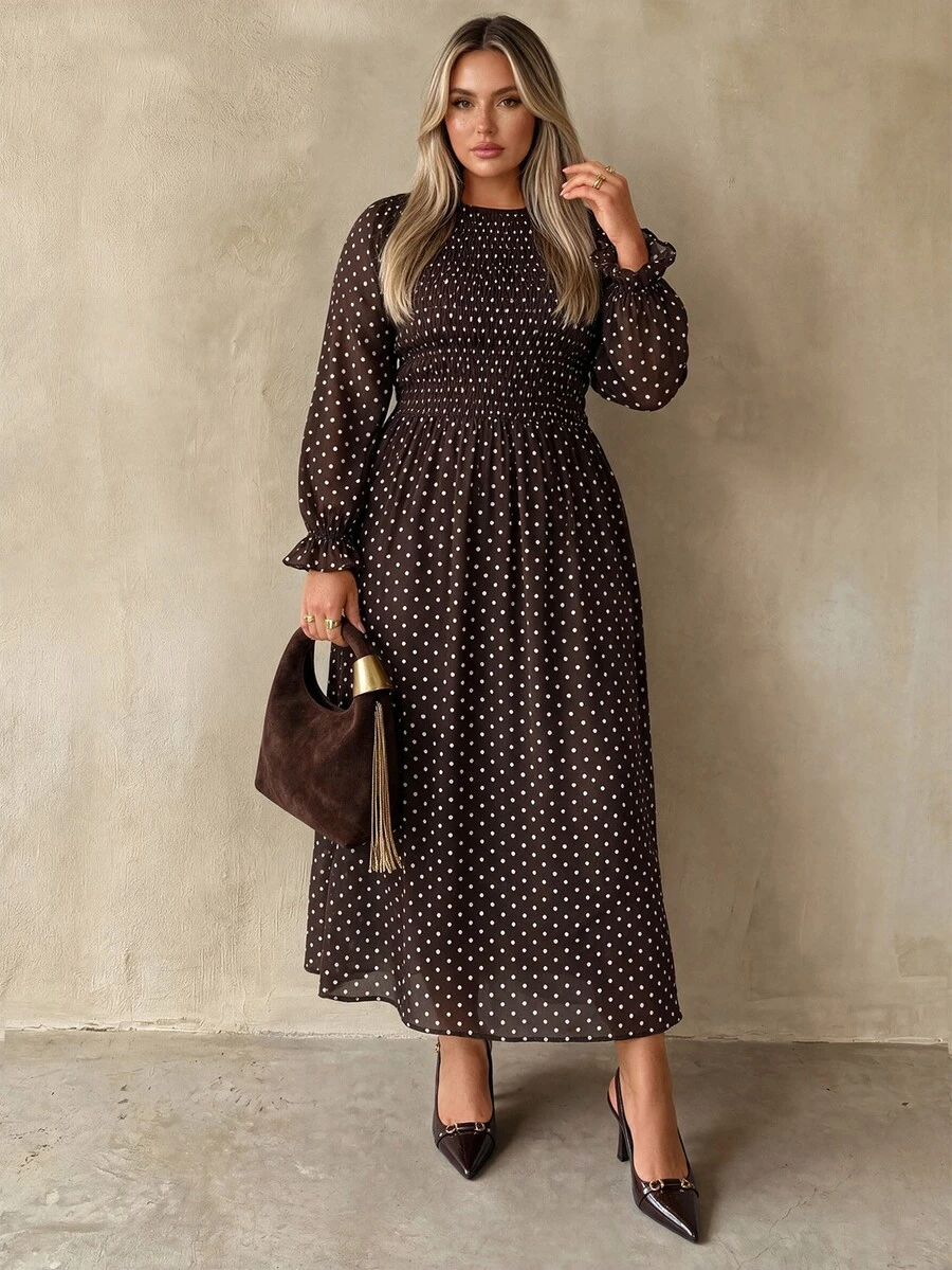 Auralis Plus Size Round Neck High Elastic Waist Flared Hem Casual Brown Ruffle Long Sleeve Everyday Dress/Dress - Brown - View 1