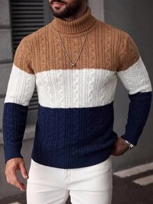 Manfinity Homme 男士高領長袖套頭毛衣，休閒針織秋冬服飾，秋冬配色拼接條紋時尚日常修身百搭厚實粗繩編織長袖套頭毛衣 - 彩色 - 查看 3