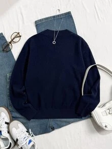 SHEIN Tween Girls Striped Colorblock Cable Knit V-Neck Lantern Sleeve Oversized Pullover Sweater, Suitable For Autumn/Winter And Outdoor Wear - Navy Blue - View 2