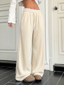 SHEIN EZwear 女款對比蕾絲抽繩腰口袋休閒寬鬆寬腿長褲 - 杏色 - 查看 6