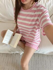 DAZY Minimalist Round Neck T-Shirt Top & Plaid Pants Loungewear Set - Pink - View 4