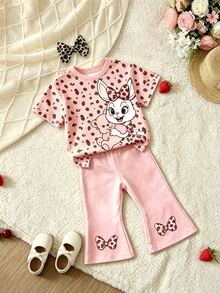(1 Random Set) Baby Girls Autumn Casual Cute Pink Leopard Print Letter Heart Bow Rabbit Flower Striped Short T-Shirt And Flared Pants - Multicolor - View 4