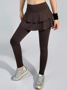 DAZY Legging Olahraga Wanita Kasual Serbaguna Empat Musim, Pinggang Tinggi, Dua Lapisan, Hem Berumbai, Patchwork, Potongan Ramping, Elastis, Warna Kopi - Coklat - View 7
