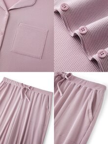 LUVLETTE Set Piyama Wanita Ukuran Plus Katun Lembut Nyaman Motif Waffle Kotak-kotak Klasik untuk Musim Gugur, Atasan Lengan Panjang dan Celana Panjang, Pakaian Musim Gugur - Berwarna merah muda - View 3