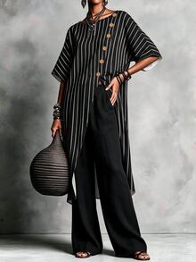 Breezaya Plus Size Women's Vintage Striped Asymmetric Button Top & Loose Brown Pants 2 Pieces Set, Casual Commute Outfit, 2 Pieces Set - Multicolor - View 3