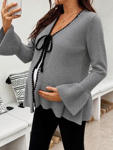 SHEIN 孕婦花苞飾邊前綁帶喇叭袖針織開襟衫 - 灰色 - 查看 6