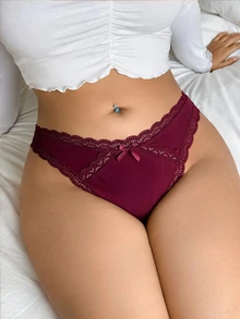 SHEIN Elacene 1件蕾絲拼接大尺碼女款丁字褲 - 酒紅色 - 查看 3