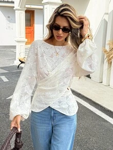 Serisse Women's Sweet Fashion Lace Criss-Cross Pleated Long Sleeve Blouse - Apricot - View 6