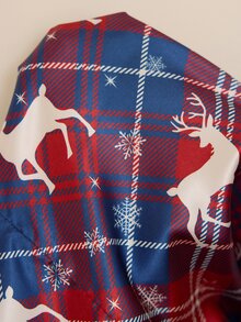 Doze Lane Reindeer Print Plaid Lapel Cardigan Faux Silk Women's Long Sleeve Pajama Set - Navy Blue - View 7