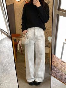 Livesso 女款中腰圓點圖案香蕉腿休閒長牛仔褲 - 白色 - 查看 6