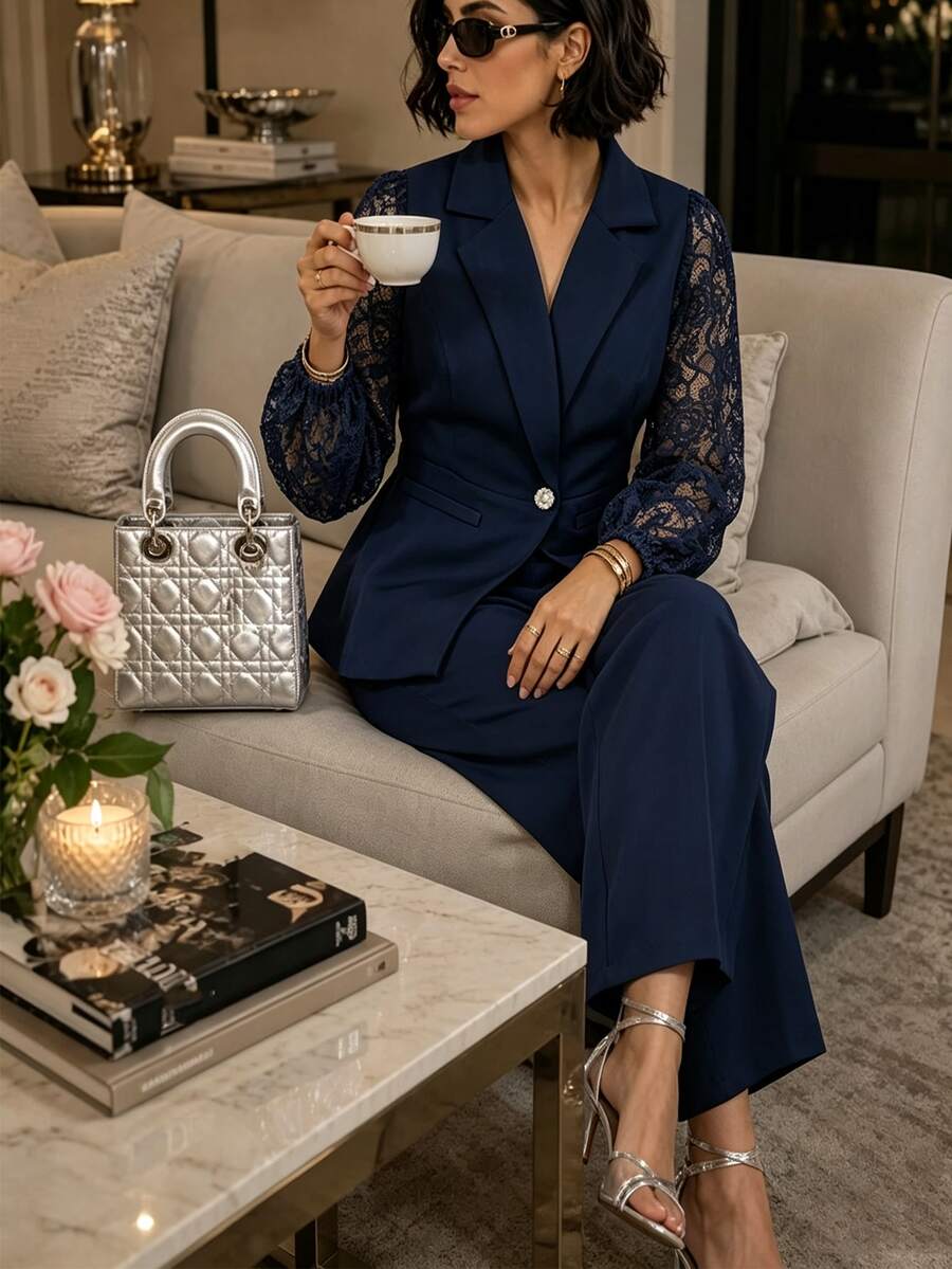 Modelyn Navy Blue Plus Size Elegant Commuter Fashionable Lady Suit Set With Lace Long Sleeve Fitted Blazer And Straight Leg Pants - Navy Blue - View 1