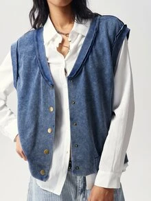 Bohemela Women's V-Neck Single-Breasted Casual Daily Vest Jacket - Blue - View 5