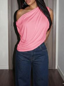 Slaydiva Slightly V-Neck Batwing Sleeve Sleeveless Shoulder-Slit Loose Fit White - Coral Pink - View 6