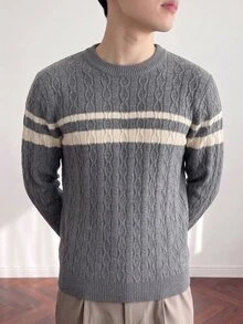 Marvello Homme 男士圓領懶人長袖套頭毛衣，休閒針織衫，秋冬灰色寬鬆上衣，時尚百搭對比色 3D 紋理羅紋套頭衫 - 灰色 - 查看 3